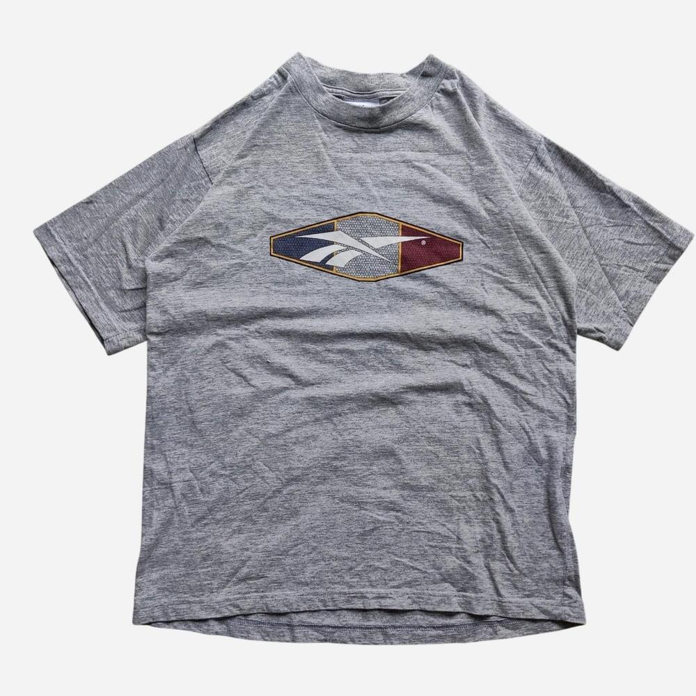 90s Grey Reebok Tee with Reebok logo in a hexagon with blue, white, and maroon s